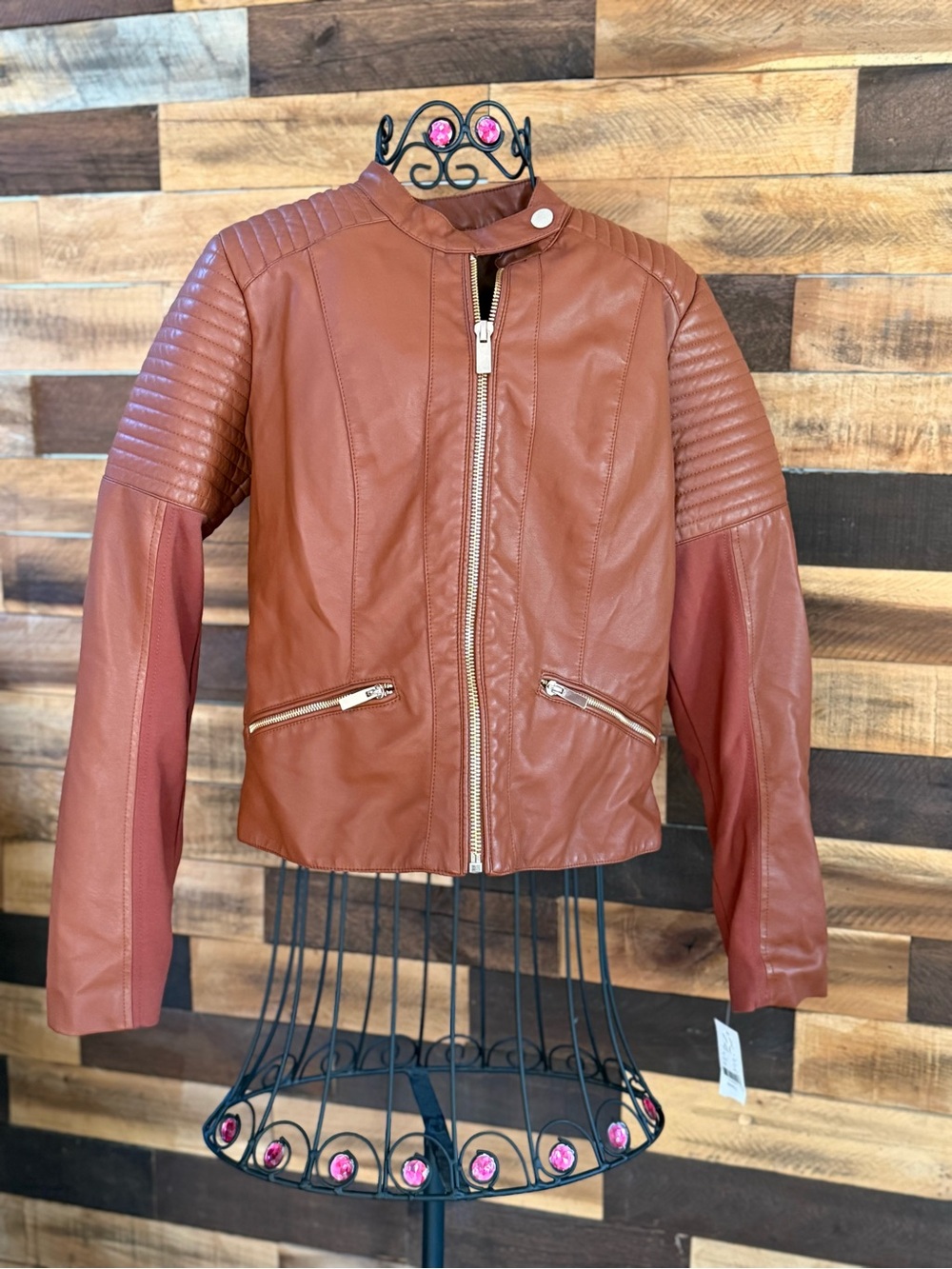 NWT New York & Company Brown Faux Leather Quilted Moto Jacket